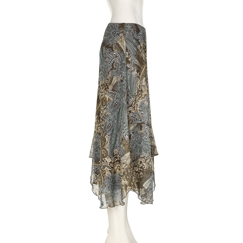 Retro Ink Green Gradient Lace Splicing Printed Skirt Irregular Knitted Midi Skirt Forest Style Girl