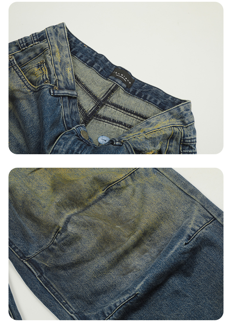 Distressed Pleated Denim Pants for Men and Women Straight Loose Casual Slim Wide-Leg Long Pants
