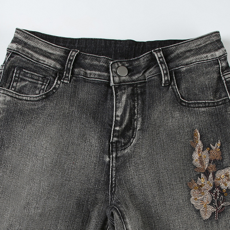 Bead embroidery floral design for vintage washed micro flared jeans