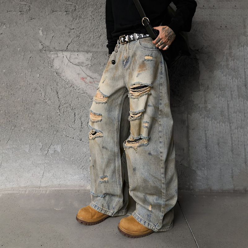 Style Casual Knife-Shape Pants Men Loose Straight Leg Distressed Autumn Fashion Vintage Ripped Jeans