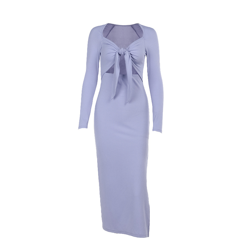 V-Neck Cutout High-Waist Full-Sleeve Side Split Pencil Dress