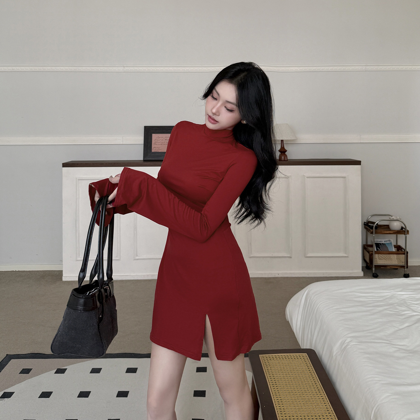 Mock Collar Solid Split Hem Bodycon Dress