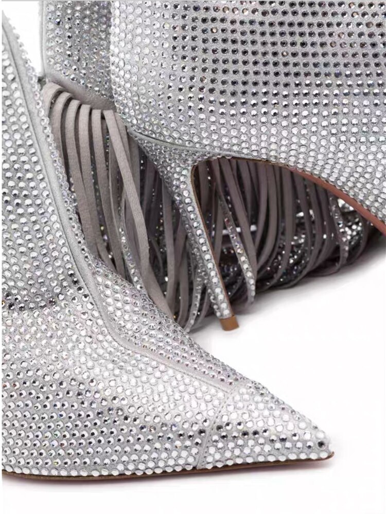 Autumn New Women's Pointed Toe Rhinestone Boots Silver Tassel Stiletto Suede Boots Black Super High Heels 34-43 Size