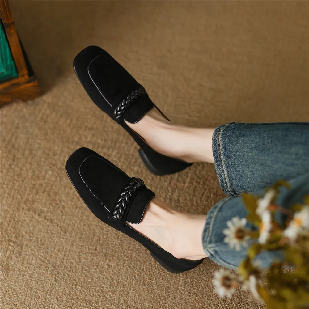 Concise Solid Color Women Soft Kid Suede Flats Slip On Round Toe Casual Street Shoes Handmade For Ladies