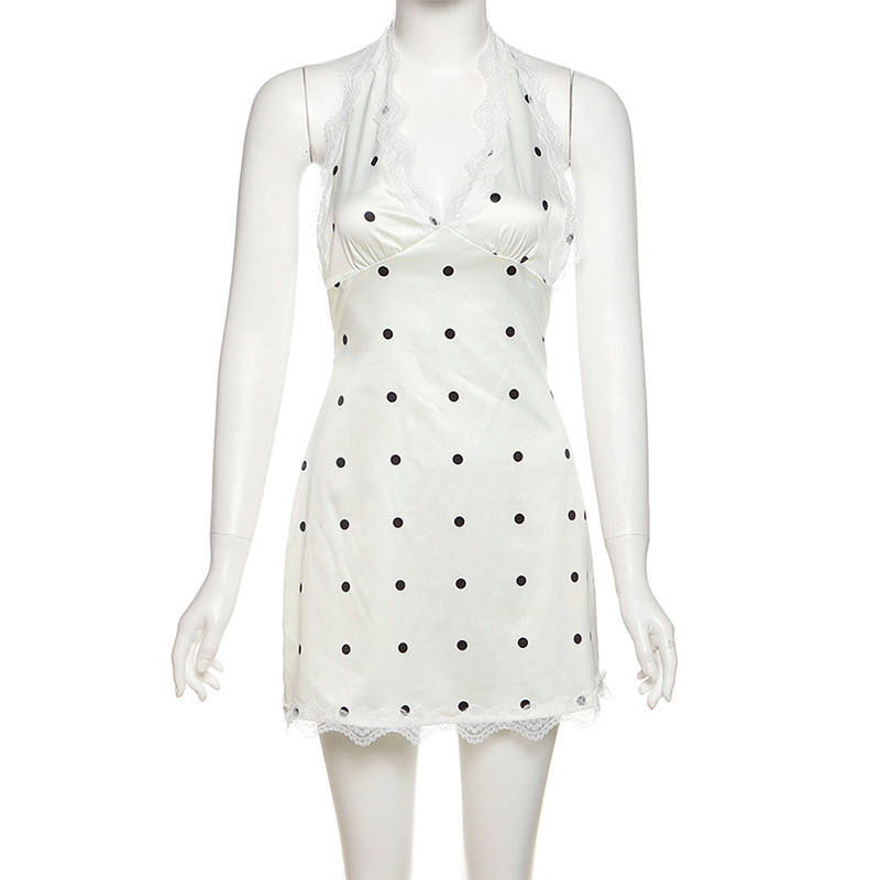 Sexy neck hanging lace edge polka dot high waisted dress