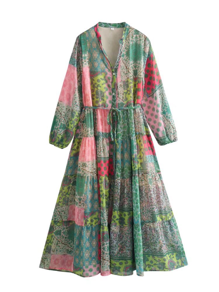 Women's Clothing V-neck Long-sleeved Printed Dress