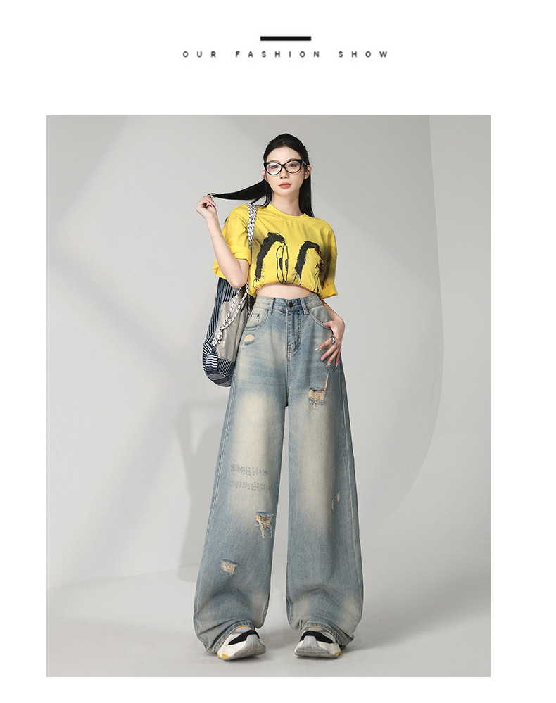 Retro Distressed Washed Ripped Jeans Women Loose High Waist Slim Wide Leg Floor-Length Pants