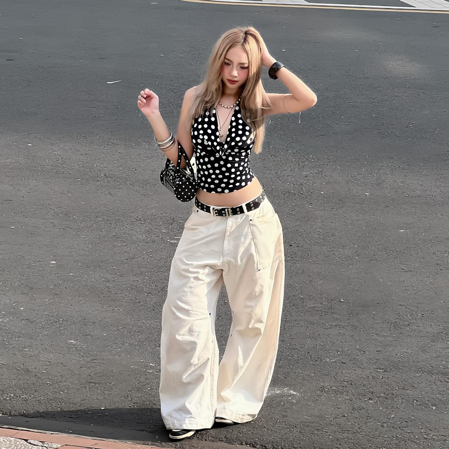 Unique Spicy Girl Women's Wide Leg Jeans with Rivet Decoration, Irregular Design, Loose Fit Casual Long Pants for Women
