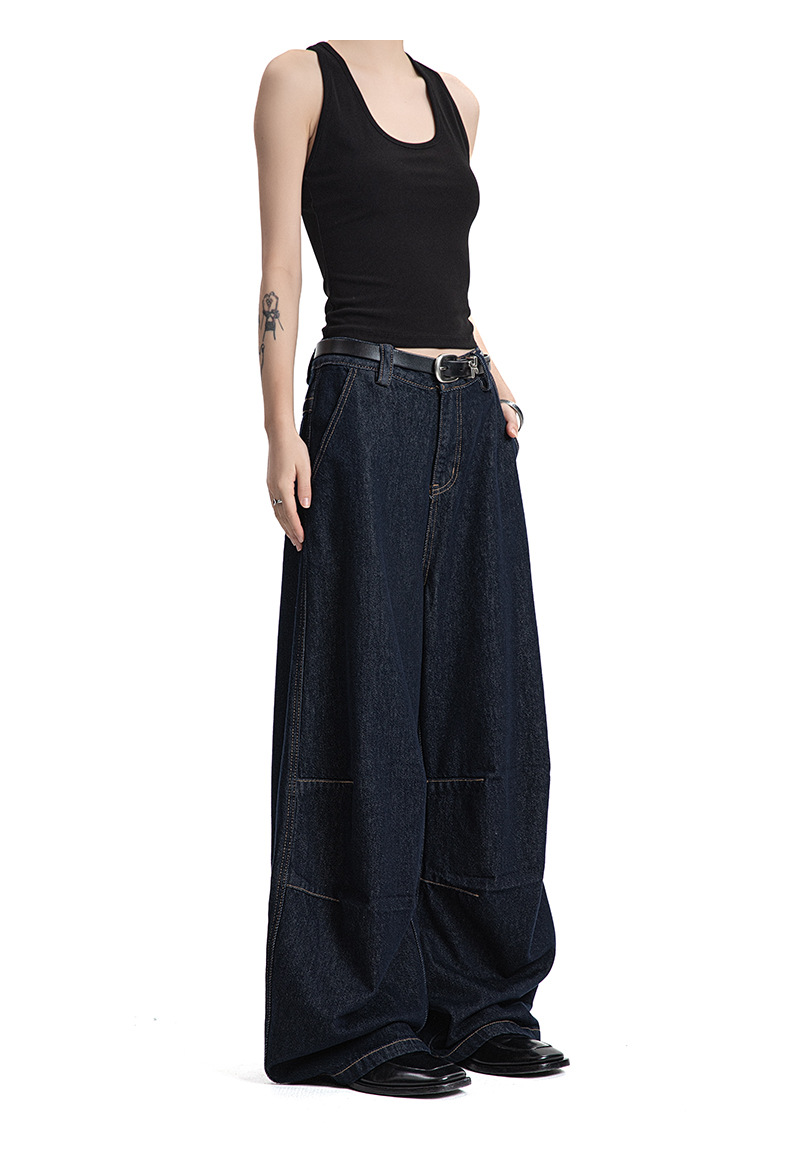 Jeans with Double Knee Tucks Vintage Baggy Deep Blue Denim Pants for Men and Women