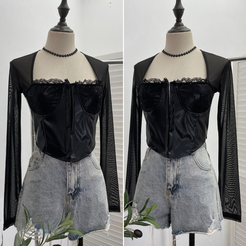 Mixed Material Square Neck Full Sleeve T-shirt