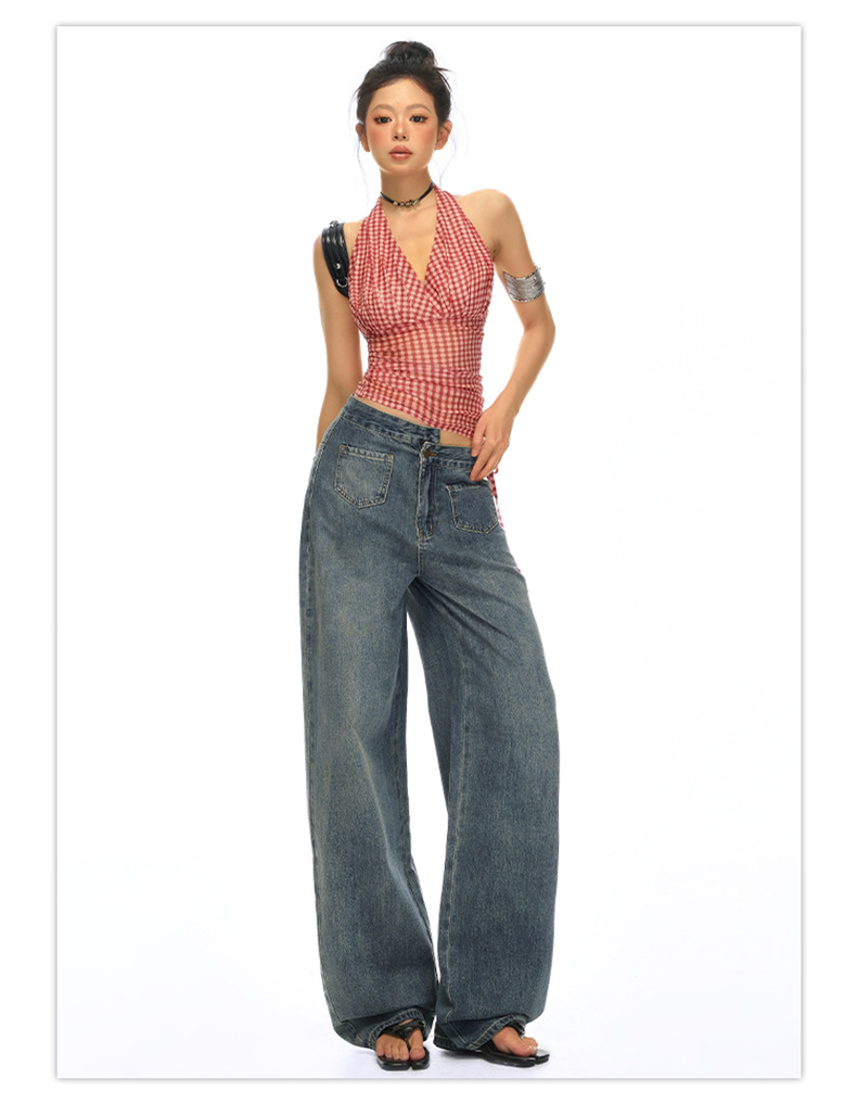Blue High-Waisted Straight Leg Jeans for Women Loose Wide-Leg Pants Summer