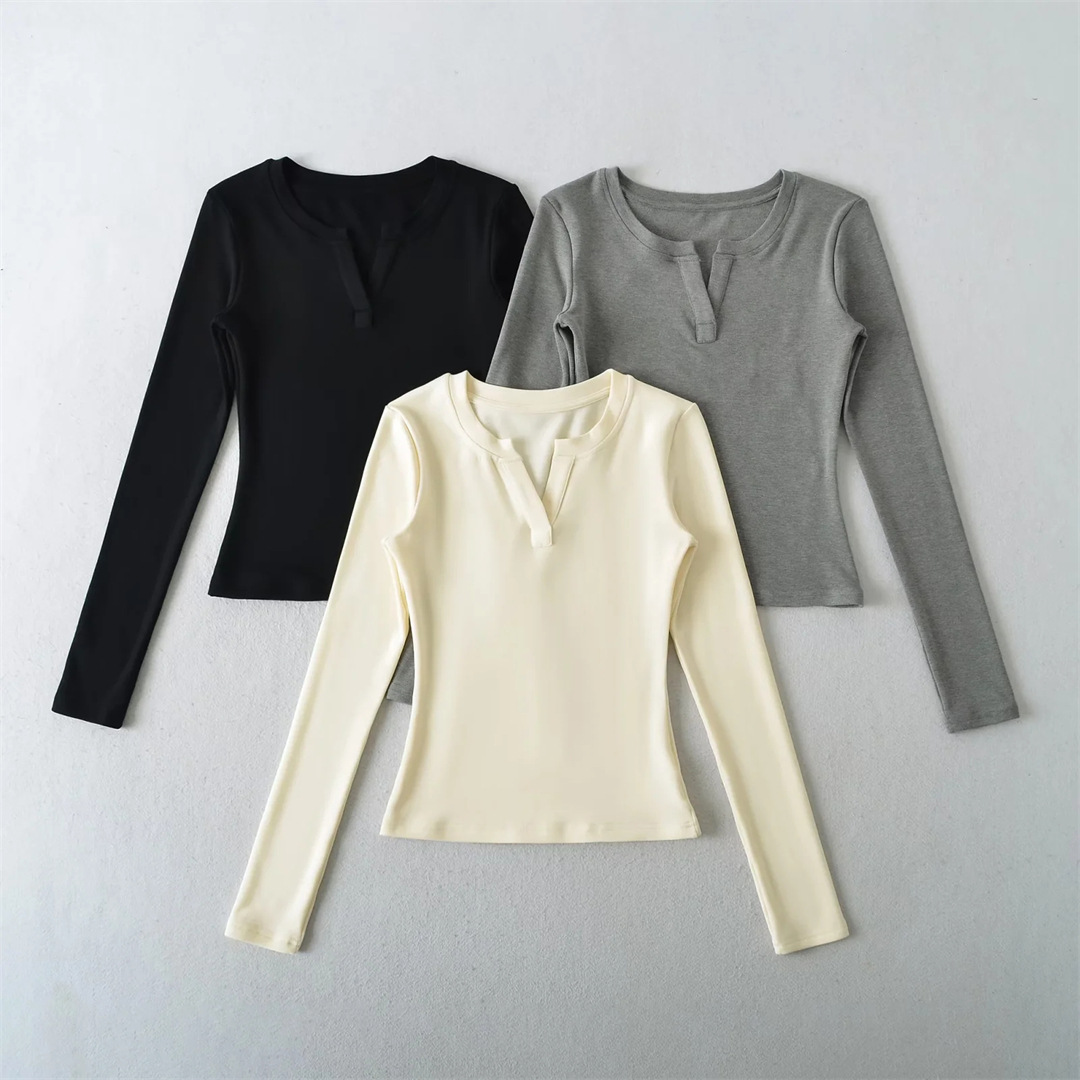 Private Lady Slim Fit Plunge Plain Wrist-Length Tee