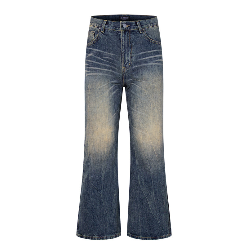 Washed Cat-Whisker Yellow Mud-Dyed Knife-Edge Jeans Women Cleanfit Washed Ripped Versatile Slightly Flared Pants