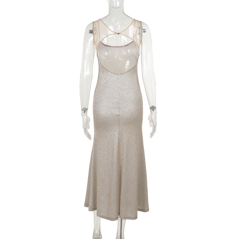 Shimmery Spaghetti Strap U-Neck Bodycon Maxi Skirt