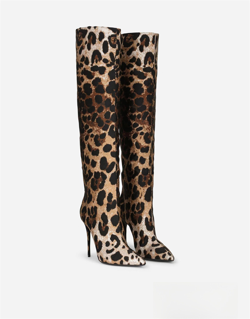 Pointed thin heel leopard print long boots for women's fashionable and sexy high boots for women's shoes
