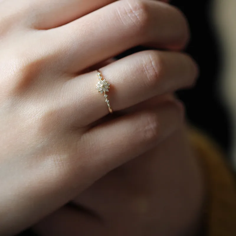 925 Sterling Silver Snowflake Ring 14k Gold Plating Simple Gold Silver color Women Engagement Wedding Ring Gift