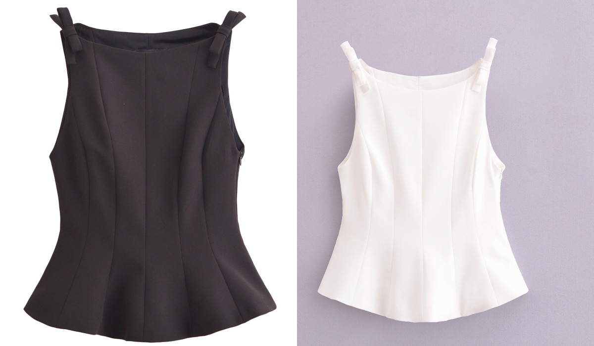 Sleeveless Solid Contemporary Flared Hem Tie Top