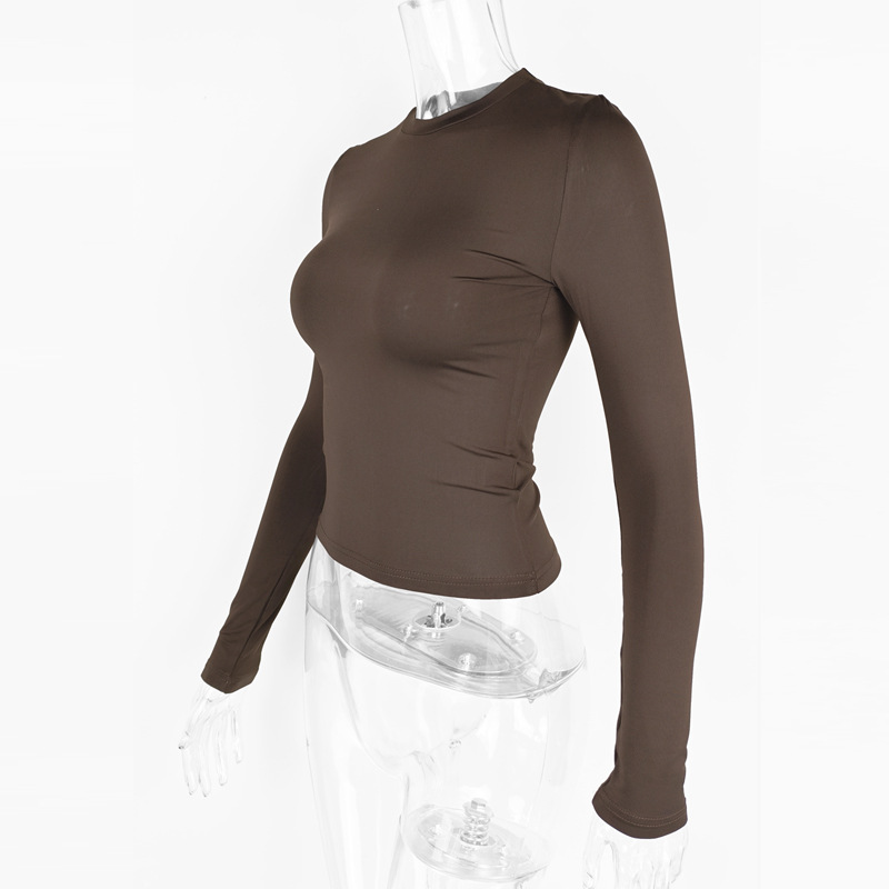 Long sleeved round neck T-shirt solid color slim fit top