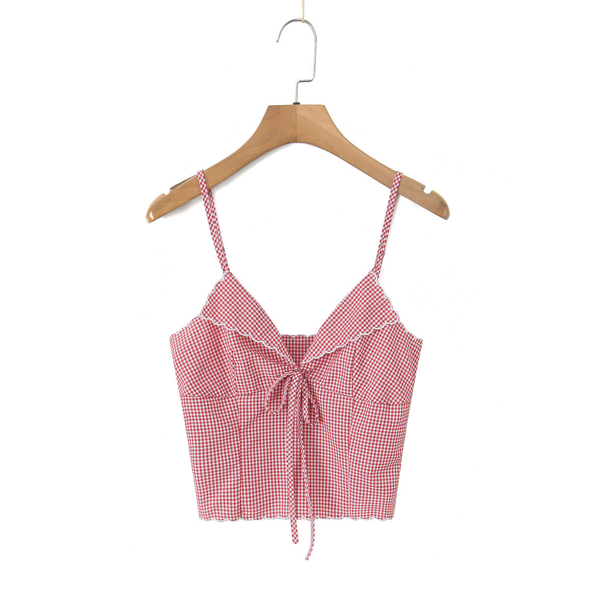 V-neck lace checkered suspender