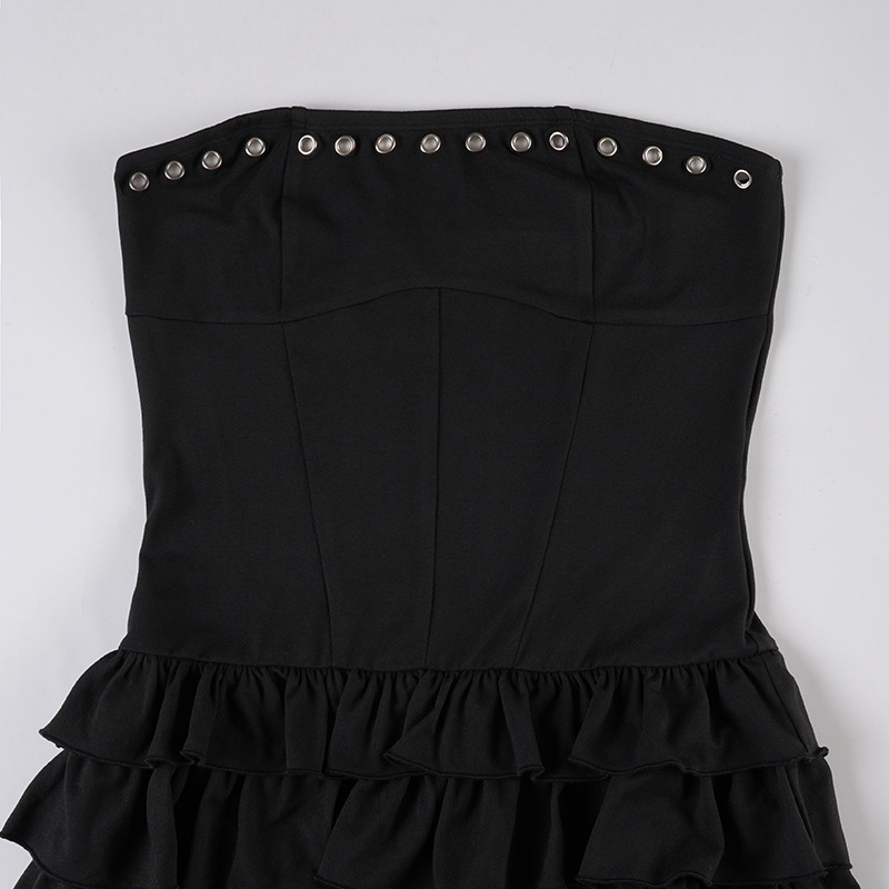 Sweet and Spicy Style Tube Top Waist-Cinching Fluffy Cake Skirt Design Eyelet Perforated Mini Short Dress