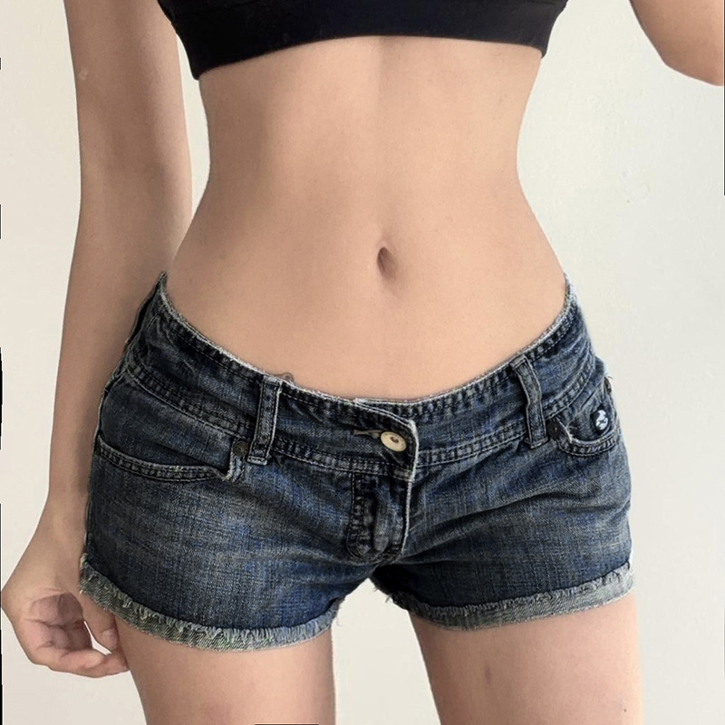 Retro washed blue low waisted denim shorts
