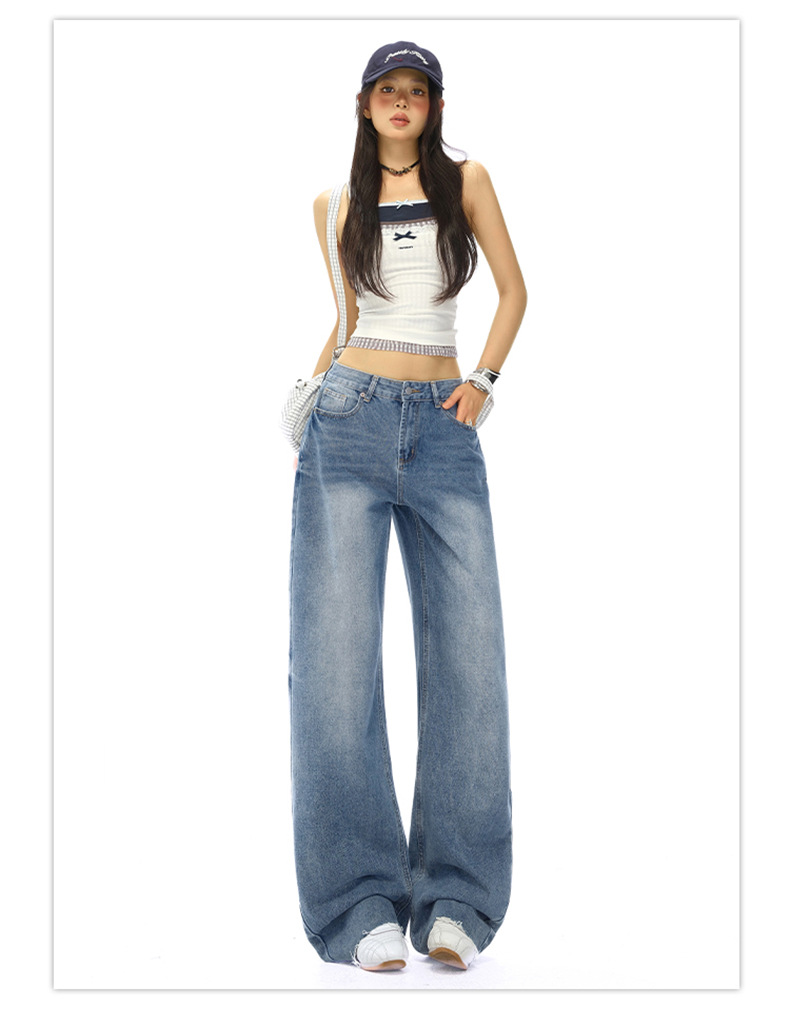 Women's Straight Jeans Washed Vintage Narrow Loose Wide-Leg Pants