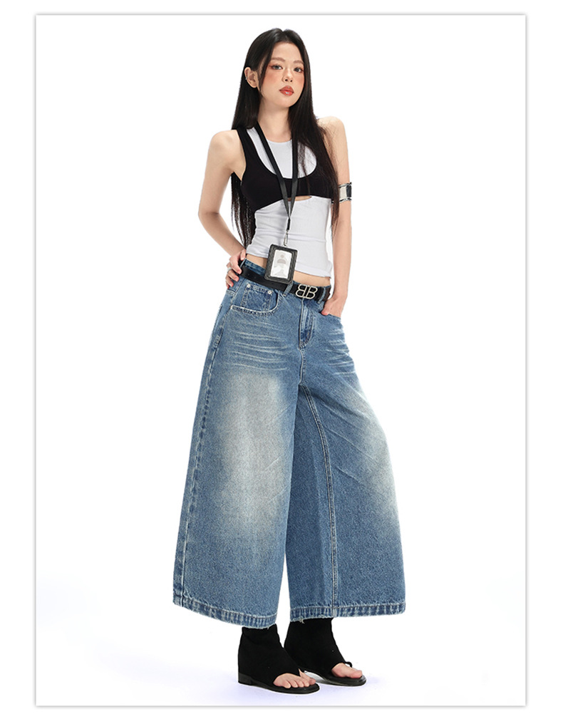 Denim Cropped Pants for Women High Street Relaxed Fit Straight Leg Wide-Leg Mid-Length Pants