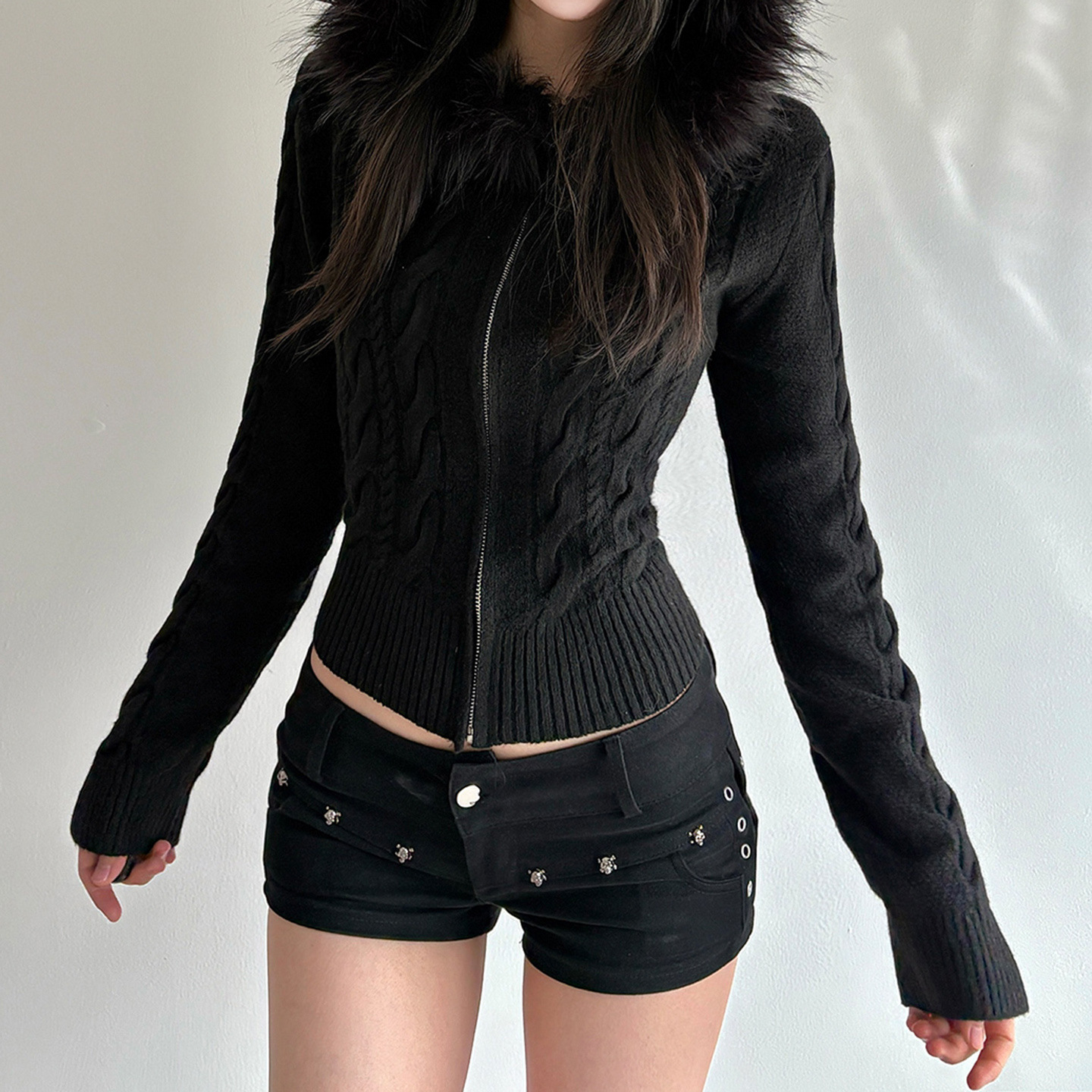 Vintage Herringbone Zip Hood Loose Cardigan