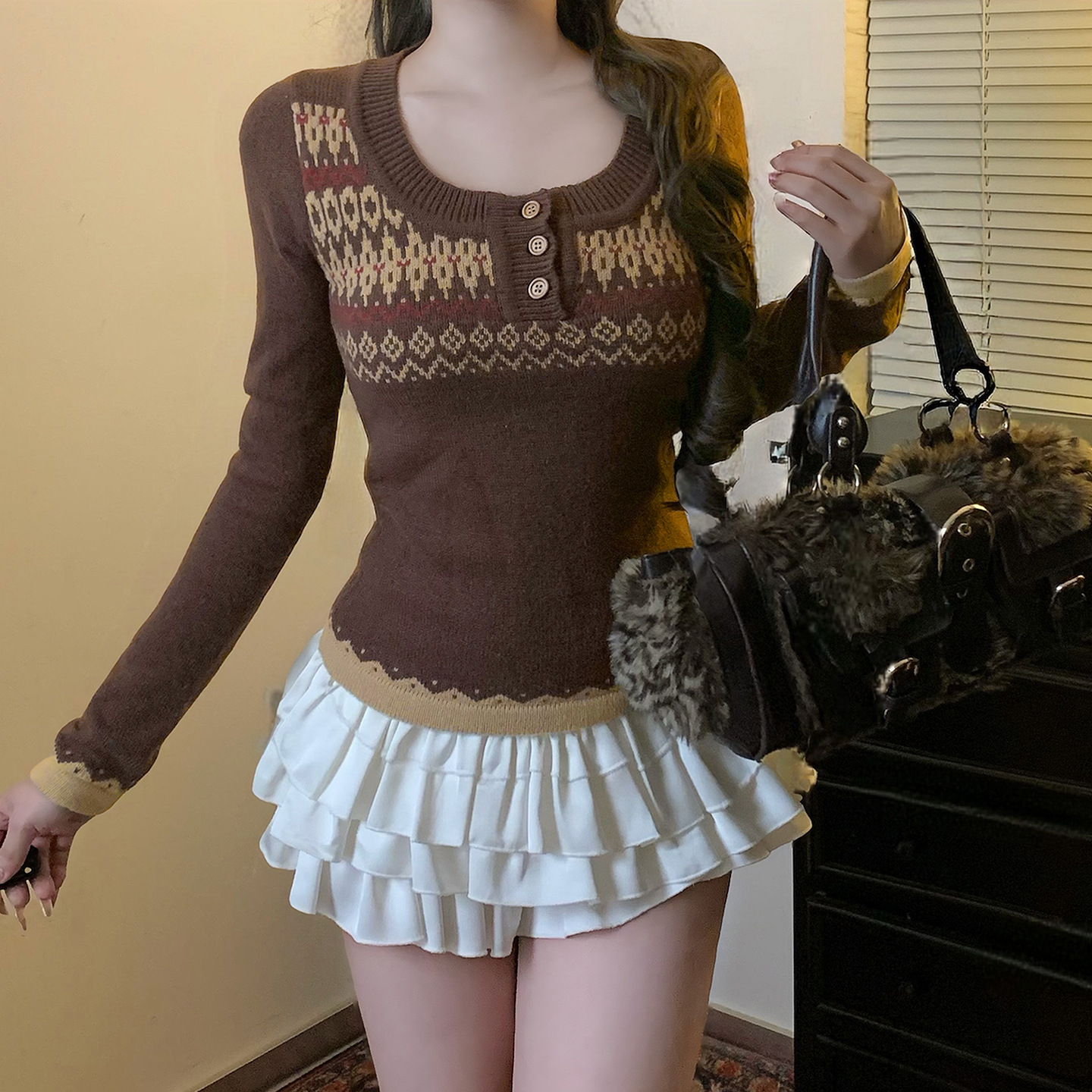 Two-tone Slim Thermal Henley Sweater