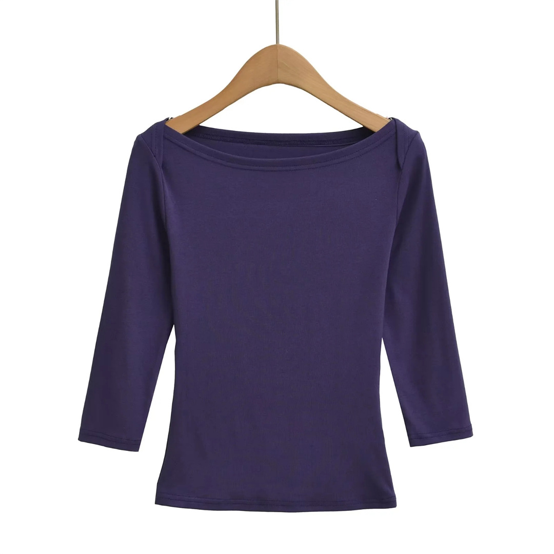 Slim Fit Plain Asymmetric Neck Elbow-Length Midriff Tee