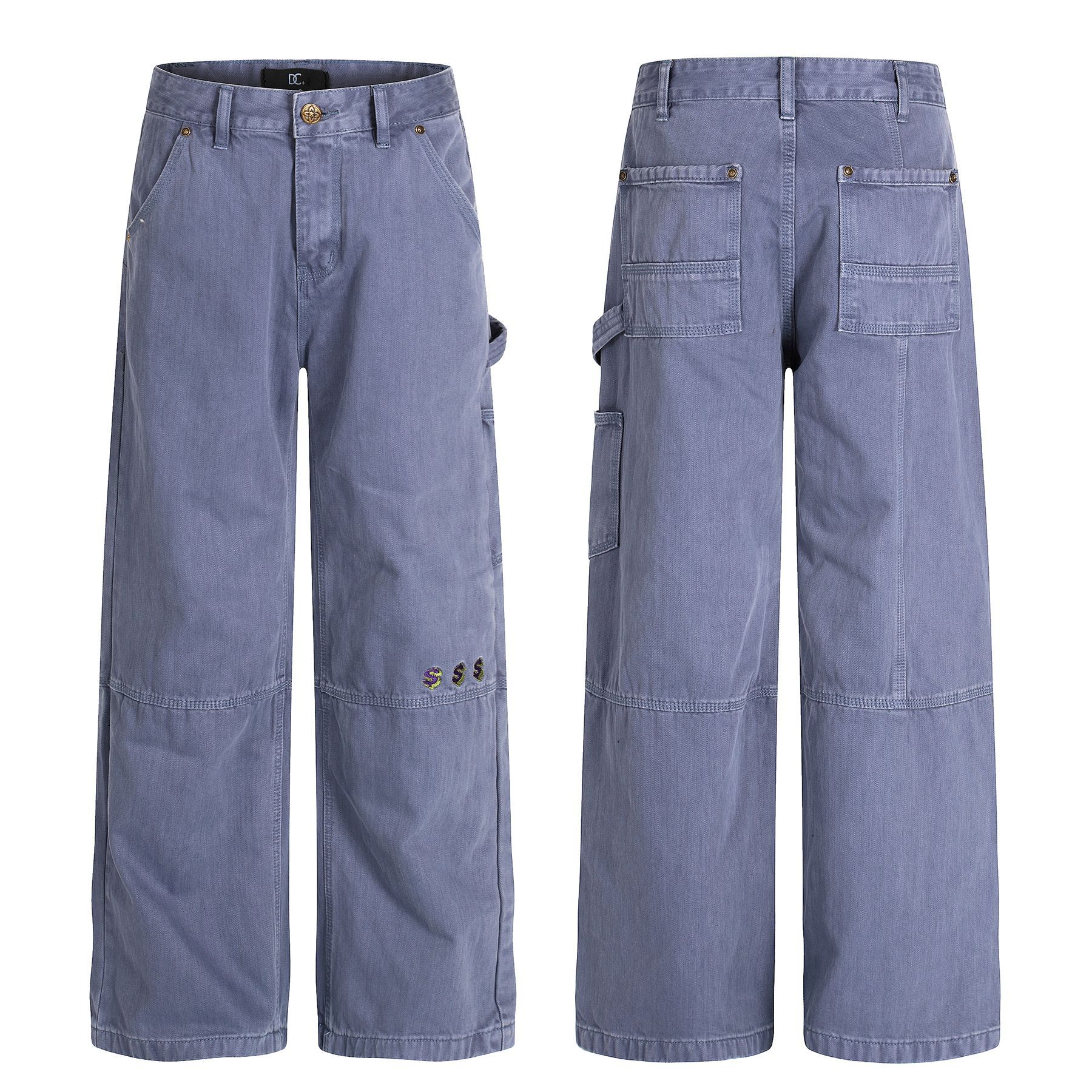 Street Vintage Unisex High-End Workwear Blue Design Men's Loose Straight Jeans