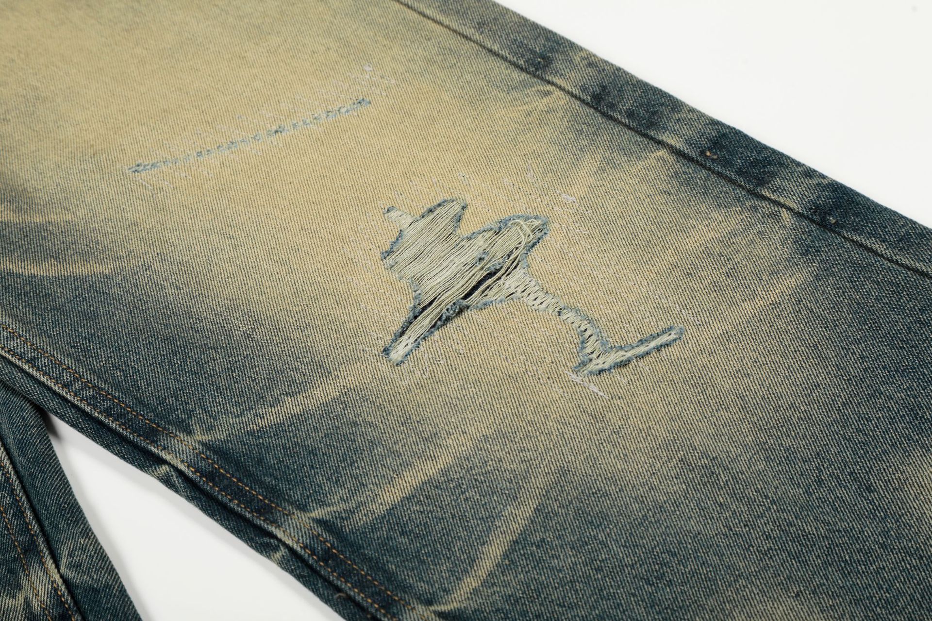 Style Trendy Unisex Street Retro Vintage Blue Cat Whisker Pattern Distressed Design Loose Fit Men's Jeans