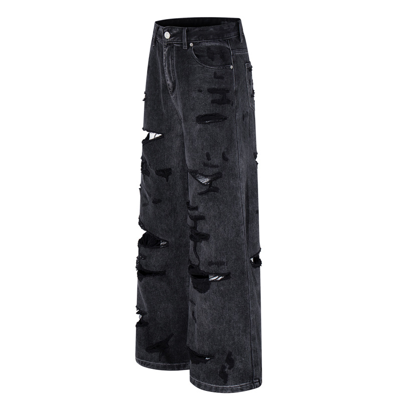 Denim Pants Loose Wide Leg Men High Street Post-Apocalyptic Style Ripped Design Plus Size Trendy Brand Original Dark Hip Hop Straight Leg Pants