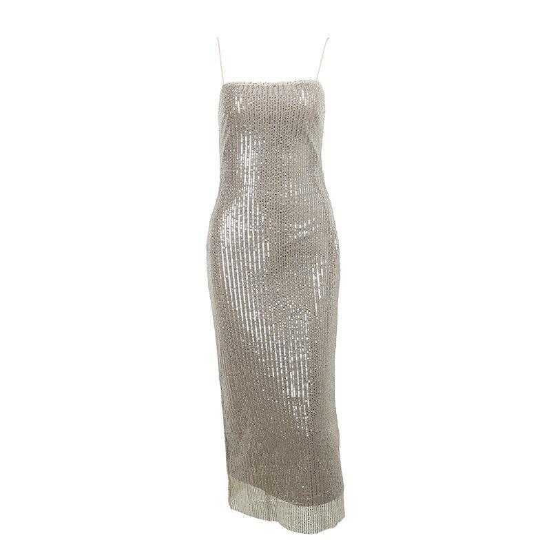 Square Neck Sleeveless Knit Fitted Embellished Dress