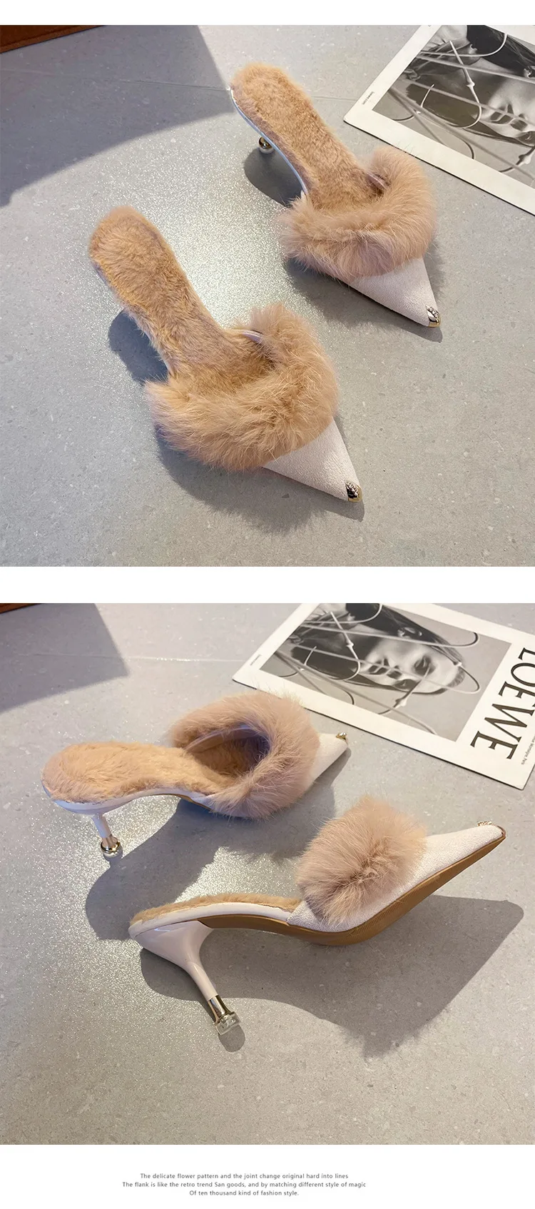 Women High Heel Shoes Fur Slippers Mules Pointed Toe Furry Slides Fashion Elegant Luxury Designer Flip Flops Office Pumps