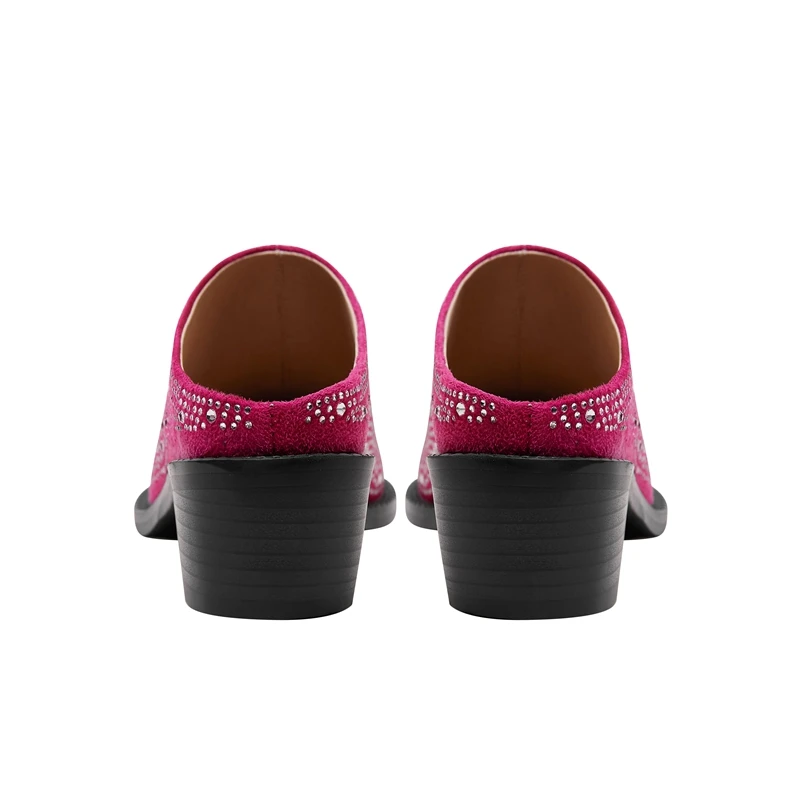 Ladies Tapered Toe Chunky Suede Crystal Mules