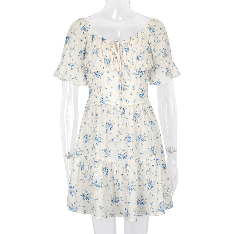 U Neck Puff Tie Waist Frilled Midi Dress