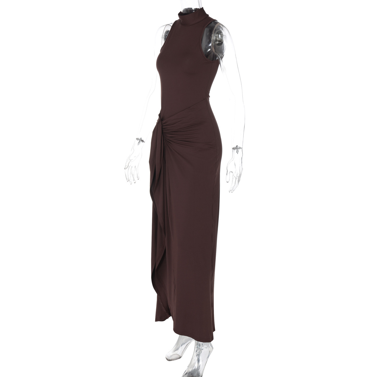 Solid Crew Armless Sash Split Dress
