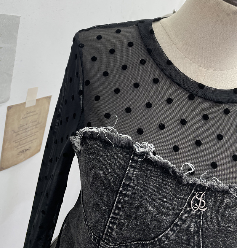 Asymmetric Distressed Jean Tailored Cropped Wrist-Length Tee