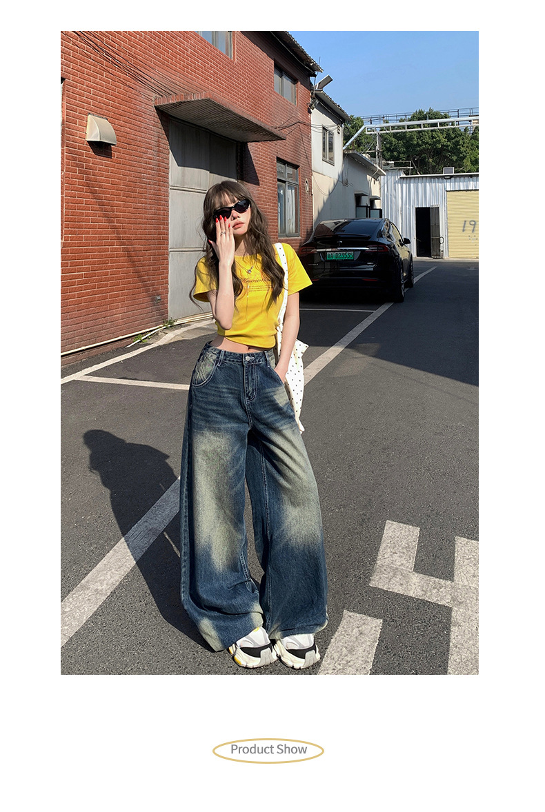 Women's Wide-Leg Jeans Low-Waist Loose Washed Straight Pants