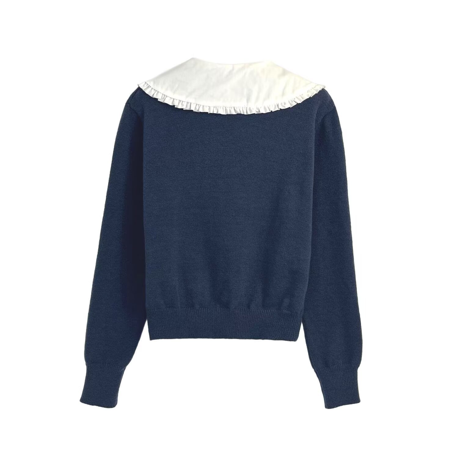 Two-Tone Pieced Neck Full-Length Sleeve Polyester Sweater