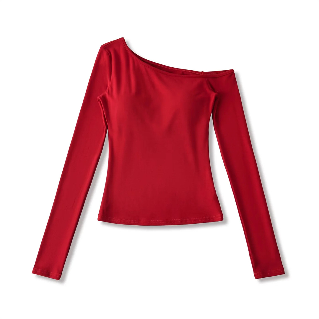 Slim Fit Wrist-Length Plain Slant-Neck Bra-Cup Blouse
