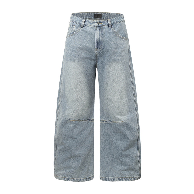 Street Casual Versatile Retro Pleated Washed Distressed Oversized Denim Pants Clean Fit Unisex Wide Leg Tapered Jeans