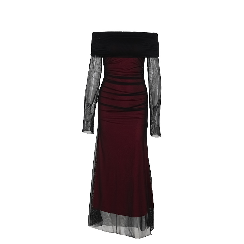 Asymmetric Neckline Three-Quarter Sleeve Polyester Long Mid-Rise Dress