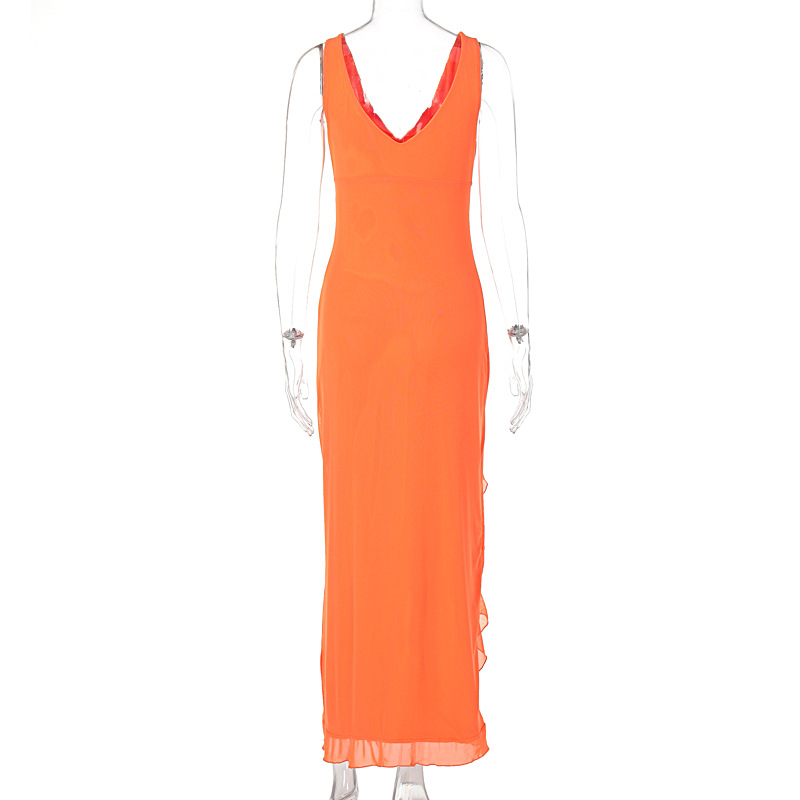 Dark Plunging A-Line Tank Dress with Scalloped Split