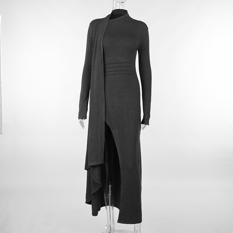 Mock Neck Full Sleeve Slit Fitted Dress
