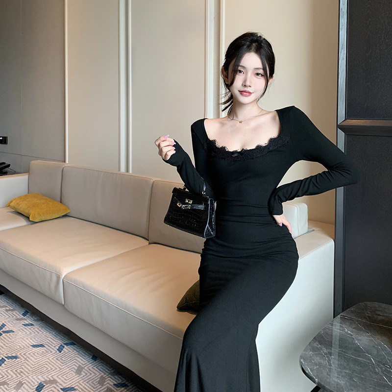 U-Neck Long Sleeve Polyester Bodycon Dress