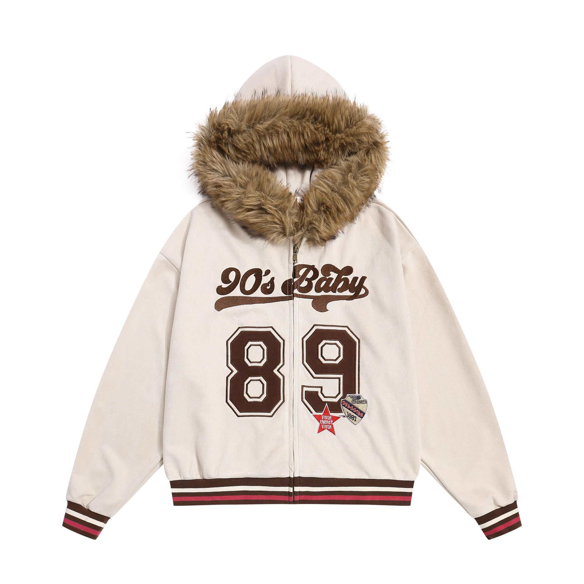 Wool collar zipper hoodie hooded