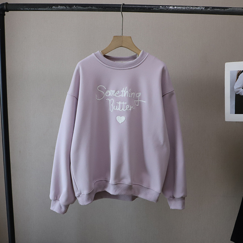 Causal Loose Fleece-Lined Hoodie with Letter and Heart Embroidery Round Neck Women's Sweatshirt