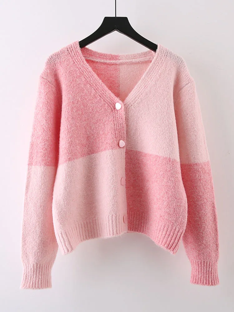 Ladies Oversized Two-Tone Plunge Buttoned Acrylic Sweater
